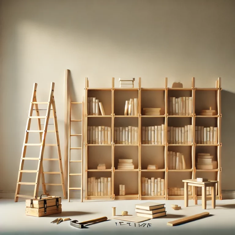 DALL·E 2024 12 07 21.52.43 A simple scene of a library under construction showing a few wooden bookshelves being assembled a ladder leaning against the wall and scattered too